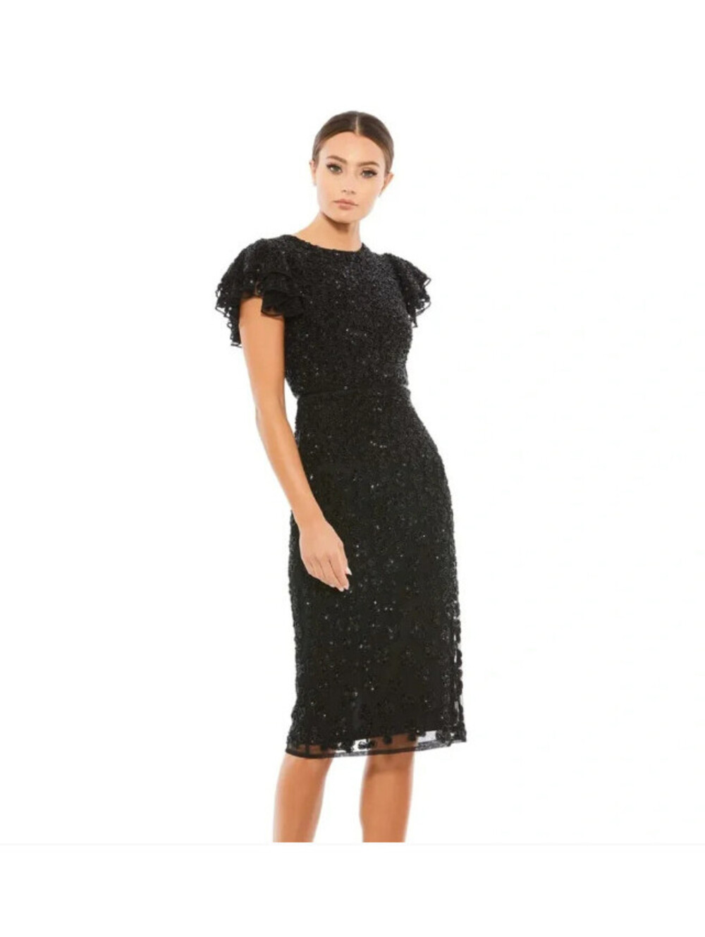 NWT Mac Duggal 10827 Black Floral Flounce Sleeve Midi Sequins Beads Gown Size 8